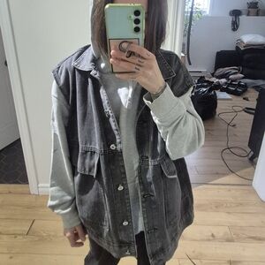 Oversized Black Denim Vest Jacket - Women's